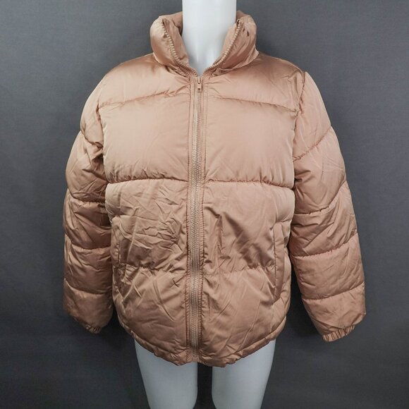 Forever 21 Womens Puffer Jacket Small Tan Zip Minimalist Streetwear Statement - Picture 1 of 11